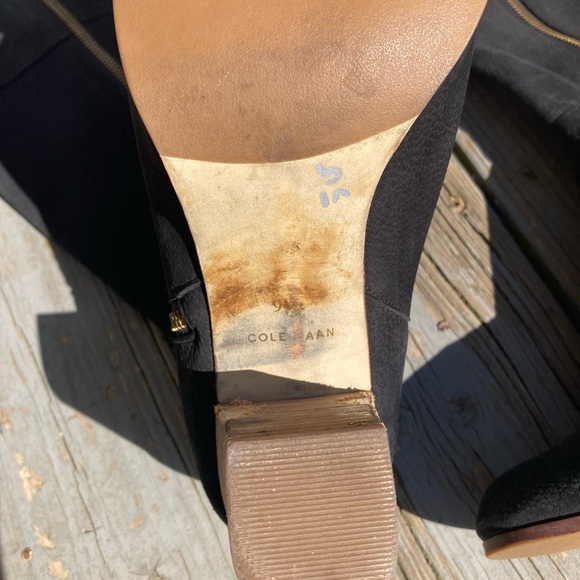 Cole Haan Davenport Tall Black Pebbled Nubuck Leather Stacked Block Heel Boots - Picture 7 of 9